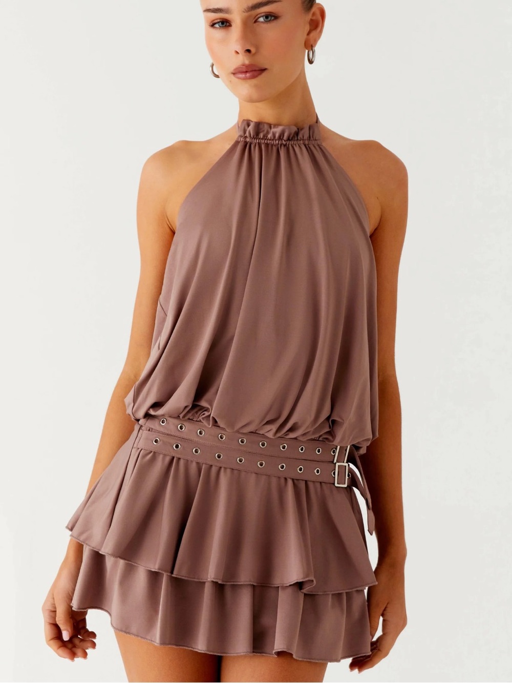 Taupe Belted Mini Dress - Picture 2 of 4